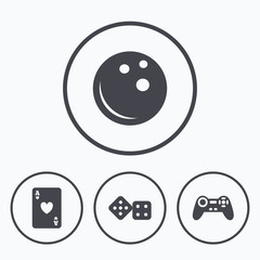 Bowling and Casino signs. Video game joystick.