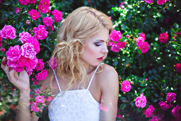 Young blonde woman near blooming pink rose bush