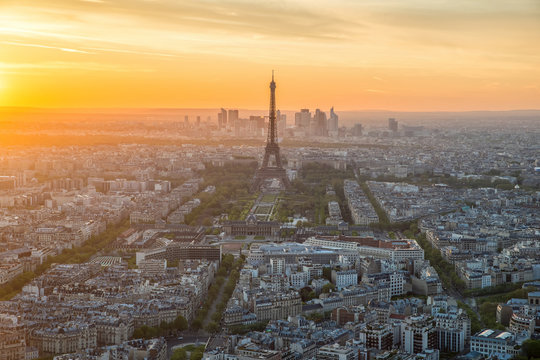 Aerial view of Paris skyline at sunset, France