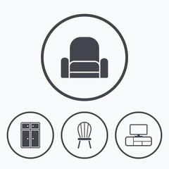 Furniture icons. Cupboard, chair and TV table.