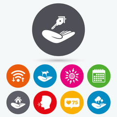 Helping hands icons. Protection and insurance.