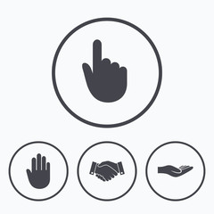 Hand icons. Handshake and click here symbols.