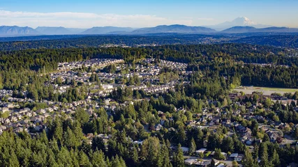 Foto op Canvas Bothell Mill Creek, Washington Suburban Forest Aerial - Mount Rainier and Cascade Mountains Backdrop © CascadeCreatives