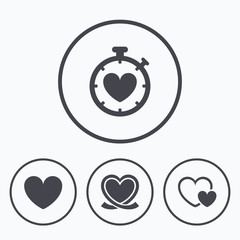 Heart ribbon icon. Timer stopwatch symbol.