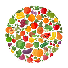 Fruit and vegetable vector circle on a white background. Healthy food. Flat illustrations