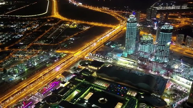 Dubai downtown at night, United Arab Emirates. View on Dubai Mall and Address hotel from the 124th floor of Burj Khalifa skyscraper in Dubai, currently the tallest structure in the world, 829,8 m