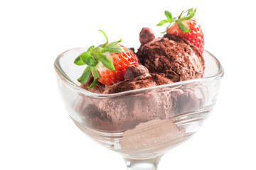Chocolate ice cream with strawberry on white background
