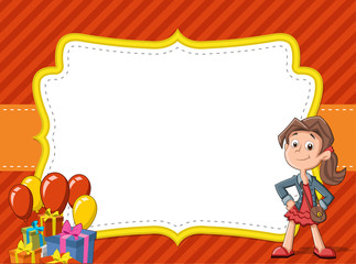 Card with a cartoon girl having fun at birthday party
