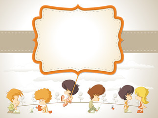 Card with a group of happy cartoon children
