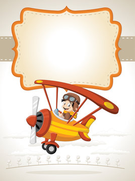Card with a cartoon pilot boy on a airplane flying over green hill
