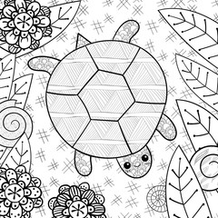 Fototapeta premium Cute turtle in garden adult coloring book page.