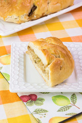 Piece of fresh baked cabbage mushrooms pie.