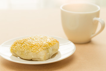 Pie topping sesame serve with coffee for breakfast.