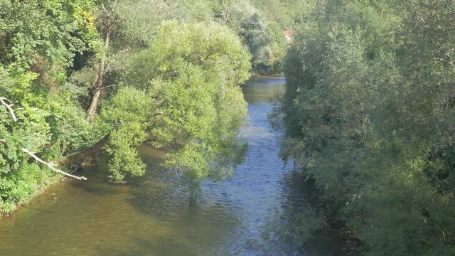 Landscape near Cerna river of spa resort Herculane in western Romania 4K 2160p UHD footage - Cerna river landscape early morning 4K 3840X2160 UHD video 