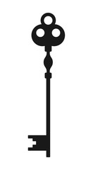 Vintage antique key, black silhouette isolated on white background. Vector 