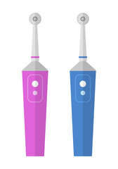 Electric blue, pink toothbrushes. Flat colored objects. Care of teeth. 