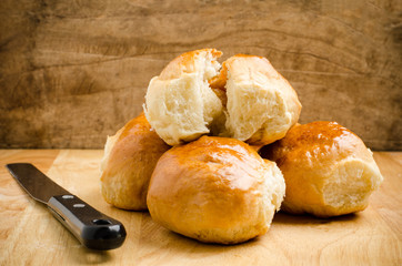Fresh bun on wooden background,homemade bakery