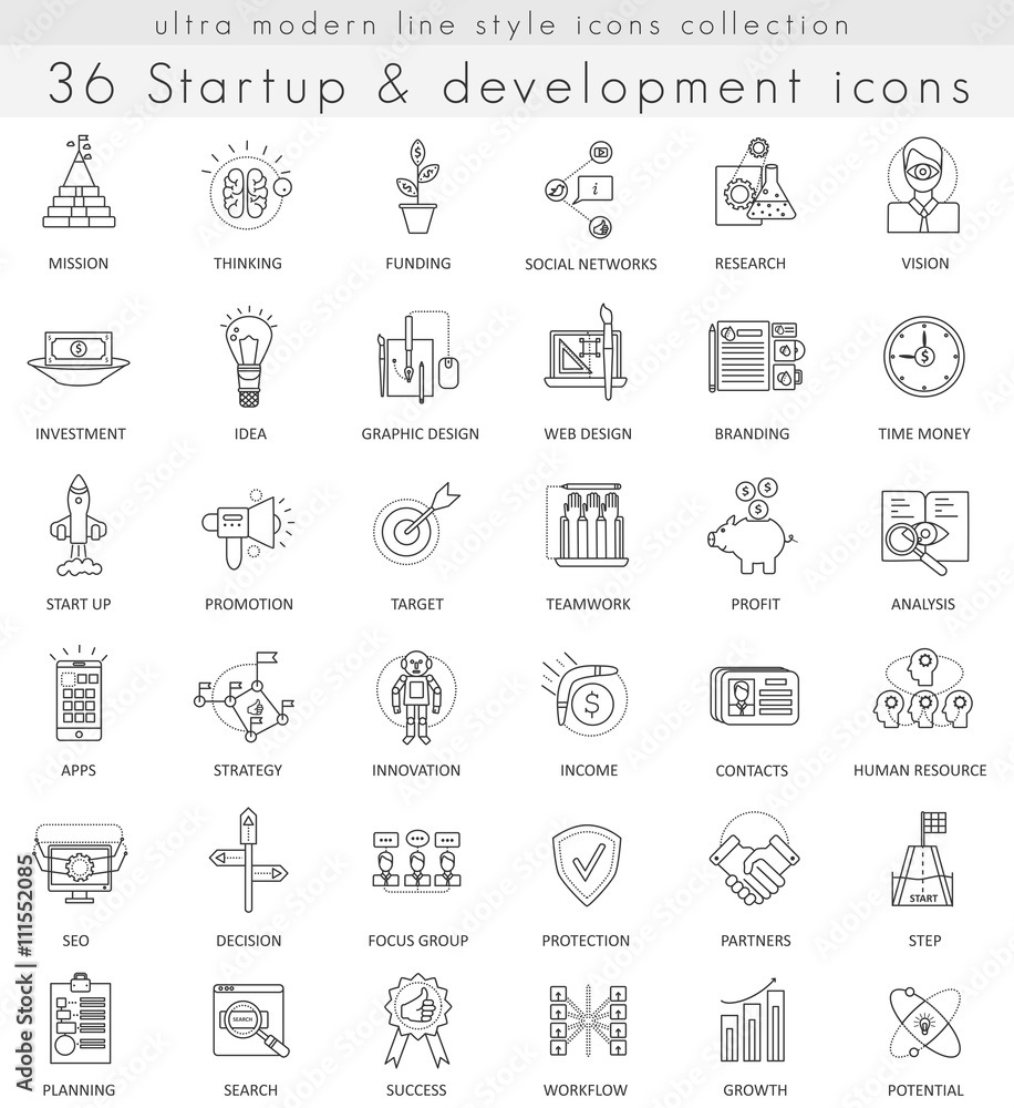 Aufkleber Vector Startup and development ultra modern outline line icons for web and apps.