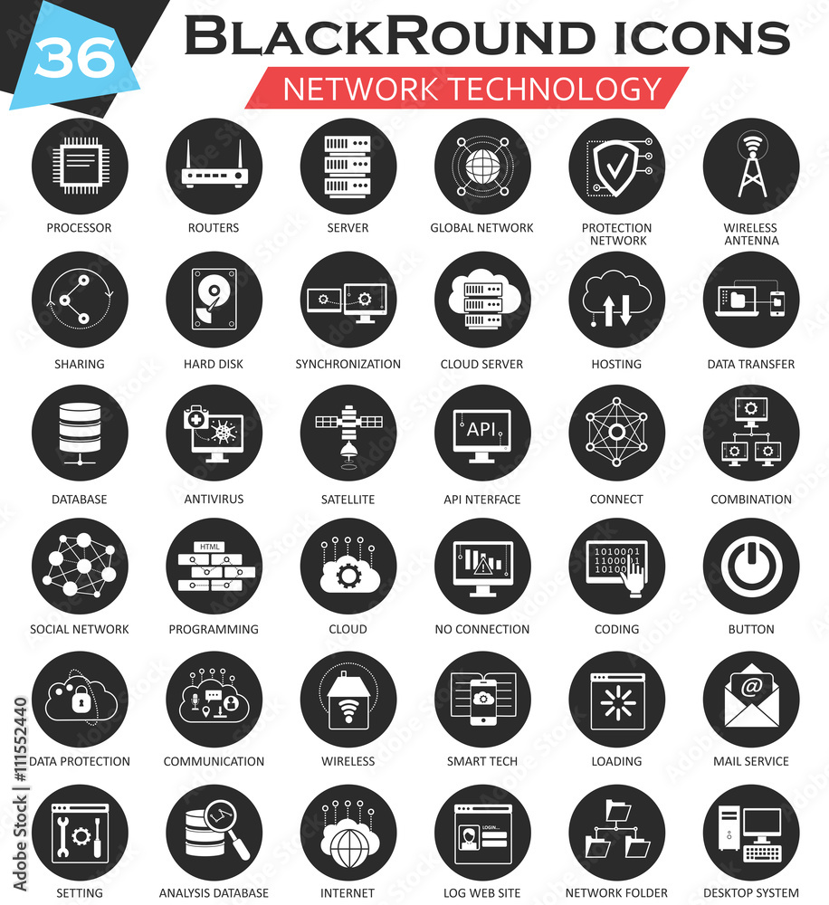 Poster Vector Network technology circle white black icon set. Ultra modern icon design for web.