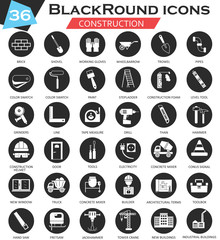Vector Construction and building tools circle white black icon set. Ultra modern icon design for web.
