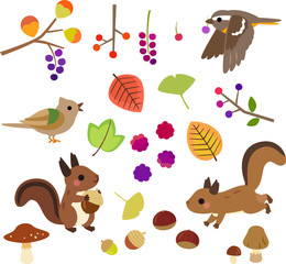 秋の木の実と小動物のイラストセット