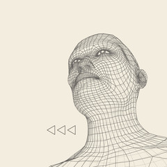 Head of the Person from a 3d Grid. Human Head Wire Model. Human Polygon Head. Face Scanning. View of Human Head. 3D Geometric Face Design. 3d Polygonal Covering Skin. Geometry Polygon Man Portrait.