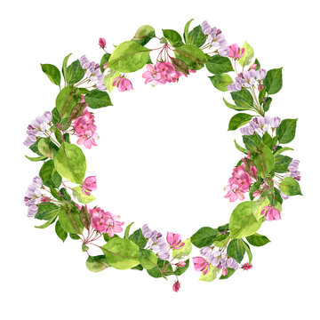 round floral frame with pink apple tree flowers