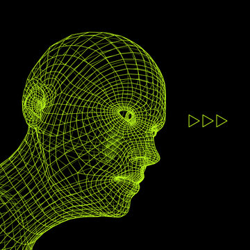 Head of the Person from a 3d Grid. Human Head Wire Model. Human Polygon Head. Face Scanning. View of Human Head. 3D Geometric Face Design. 3d Polygonal Covering Skin. Geometry Polygon Man Portrait.