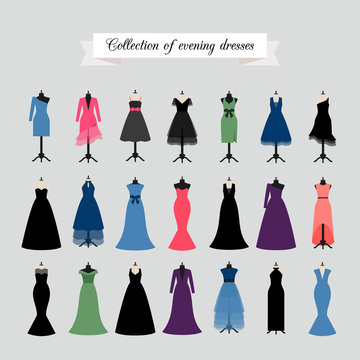 Evening Dresses. Vector party dress or fashion dresses in different styles