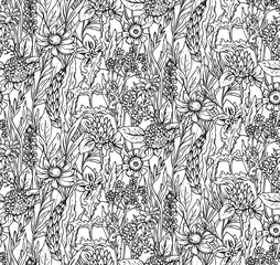 Vector seamless pattern with hand drawn herbs and flowers