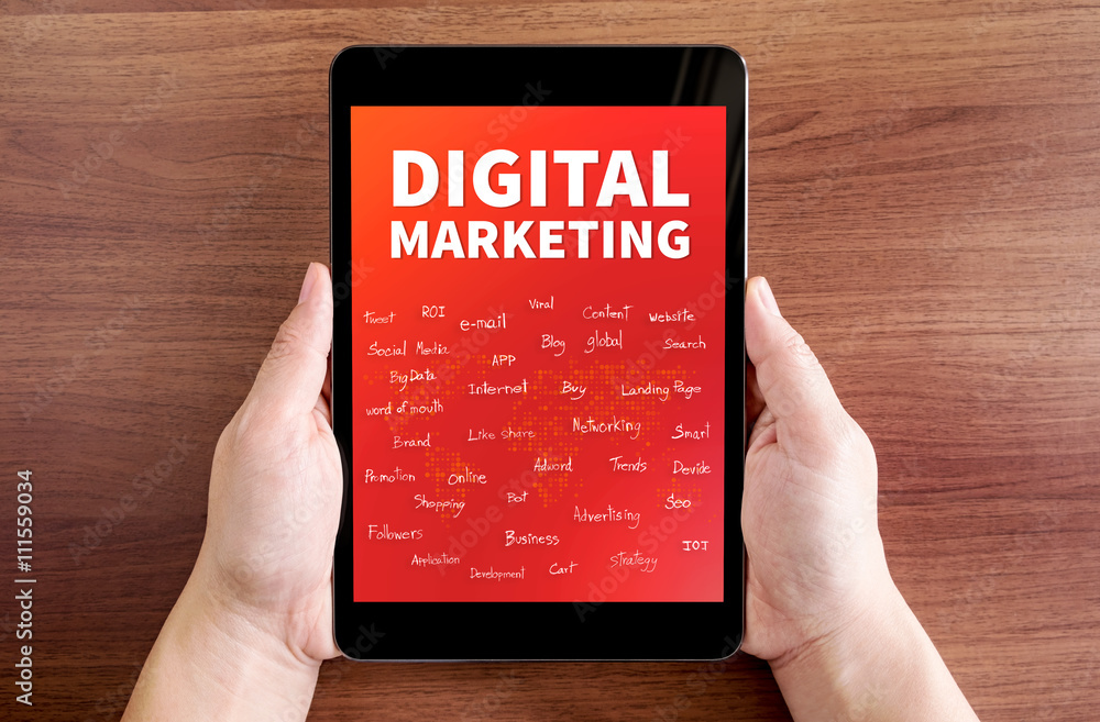 Aufkleber two hand holding tablet with digital marketing and feature word