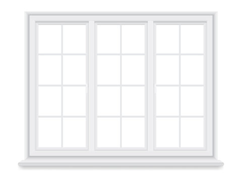 Traditional white window isolated on white background. Closed realistic vector window element of architecture and interior design.