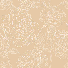 Light beige background with outline hand drawn rose flowers. Vector floral seamless pattern. Design concept for fabric design, textile print, wrapping paper or web backgrounds. 