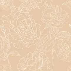 Wall murals Beige Light beige background with outline hand drawn rose flowers. Vector floral seamless pattern. Design concept for fabric design, textile print, wrapping paper or web backgrounds. 
