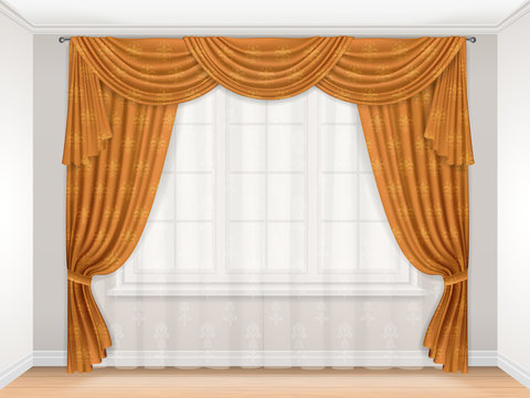 Classic Beige Curtain With Damask Pattern Hanging On A Window. Interior With A Window Decorated With Transparent Tulle And Beautiful Heavy Curtains. Golden Curtains Pleated And Pelmet. Vector.
