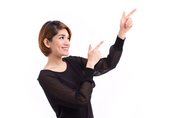 happy woman pointing hand and finger up to blank space