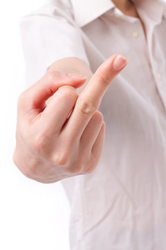 middle finger hand gesture, studio shot of woman hand