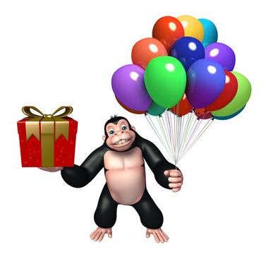 cute Gorilla cartoon character with balloon and gift box