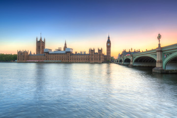 Naklejka premium Big Ben and Westminster Palace in London at sunset, UK