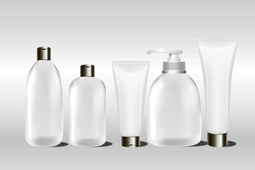 Realistic blank white cosmetic cream container and tube for cream, ointment, lotion, shampoo. Mock up bottle. Gel, powder, balsam.l. Soap pump. Containers for bulk mixtures. 3D illustration.