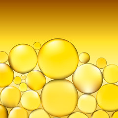 Oil bubbles background. Yellow water bubbles abstract light illumination. Vector. 3d illustration