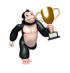 cute Gorilla cartoon character with winning cup