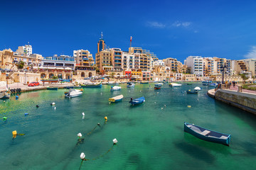 Sunny view of Spinola Bay and San Julien, Malta.