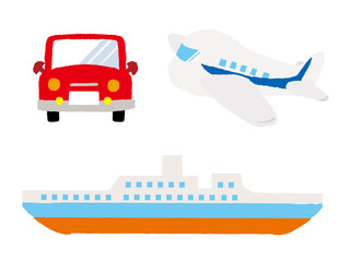 Various types of transport: car, train, airoplane, ship. Vector set of different means of transportation.