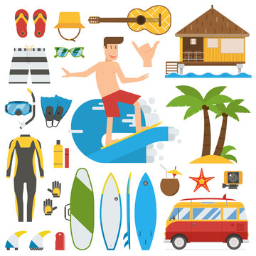 Surfing Time Vector Elements Set