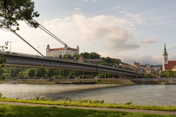Bratislava Castle closeup with Danube river & St. Martin cathedral