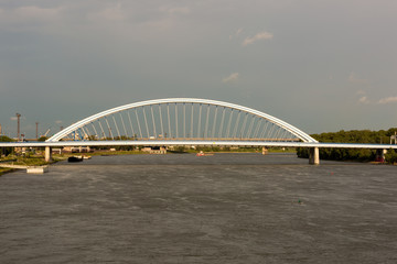 Fototapeta na wymiar View from Bratislava's new Old Bridge (Stary Most) towards Apollo Bridge 