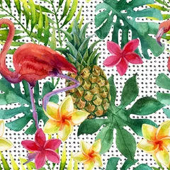 Fotobehang Tropical watercolor pineapple, flowers and leaves with shadows © Tanya Syrytsyna