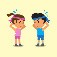 Cartoon man and woman doing neck flexion exercise