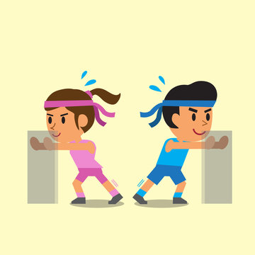 Cartoon a man and a woman doing calf stretch exercise